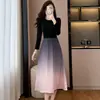 Deslumbrante e único vestido longo de manga comprida em linha A com gradiente preto no estilo Chanel, adequado para primavera e outono, roupas femininas plus size para senhoras plus size
