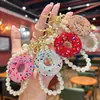 Donut de Argila de Alto Valor Estético com Strass e Bolinhas, Chaveiro de Corrente de Pérolas Artesanal, Pingente de Bolsa de Sobremesa com Strass Brilhante