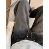 Jeans Casuais Retrô de Nova Coleção Outono/Inverno 2025 com Design de Strass Hotfix Brilhante em Combinação de Cores Degradê, Calça de Cintura Alta Reta de Perna Larga