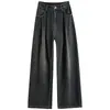 Jeans Cinza Cimento Wide Leg Feminino 2024 Novo Outono e Inverno Calças com Forro de Lã Edição Estreita para Figura Pera Calças Retas