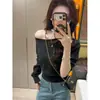 Nuevo Top de Punto Coreano 2026 con Hombros Descubiertos y Mangas Largas para Mujer, Único y Hermoso para Mujeres Petites, que Expone la Clavícula