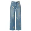 Calça Jeans Miaoyu de Cintura Alta com Pernas Retas e Flores Bordadas para Mulheres, Nova Coleção Outono 2025, Estilo Wide-Leg Slim-Fit