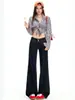 Calça jeans boca de sino azul escuro para mulheres, cor original, cintura baixa, modelagem solta, com um design estiloso, comprimento até o chão, não gruda nas pernas, calça jeans flare azul