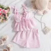 Moda de Verano para Niñas Transfronteriza Conjunto de Dos Piezas Rayado Top de Tirantes con Lazo Dulce Pantalones Cortos Casuales