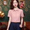 Camisa de Algodão Jacquard para Mulheres, Blusa Elegante de Manga Curta 100% Algodão, Nova Moda Verão 2026, Blusa Estilo Chinês Novo que Reduz a Idade
