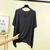 Camiseta Holgada de Cuello V Asimétrica con Manga Tres Cuartos Verano Delgada de Modal Talla Grande Top de Media Manga Color Sólido Camisa Básica