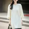 Novedad Otoño/Invierno 2026: Suéter de Punto de Lana Cachemir de Estilo Relajado con Cuello Redondo, Mangas Tres Cuartos y Acabado Cepillado, Suéter de Lana de Longitud Media
