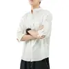 Camisa de Lino Estilo Chino para Hombre Camisa Blanca de Manga Corta Chaqueta Casual Holgada de Algodón y Lino para Verano Top de Manga Tres Cuartos para Hombre