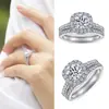 Conjunto de joyas de plata esterlina S925, conjunto de anillo de estilo europeo y americano, anillo de circonita redonda, pendientes de diamantes en fila, collar simple, conjunto de tres piezas