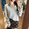 Tiro real Gris Cuello Redondo Grande Ropa Interior Manga Larga Tejido Mujer Invierno 2025 Nuevo Holgado Adelgazante Se Puede Usar Afuera Top Corto