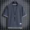 Camiseta Casual Suelta de Verano para Hombre, Manga Corta Waffled, Falso Dos Piezas, Manga Media de Seda de Hielo Delgada, Cuello Redondo, Ropa de Marca de Moda