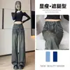 Jeans Wide Leg Feminino Primavera e Outono 2025 Novo Retro Borda de Pelo Cintura Alta Solto Emagrecedor Perna Reta Estreita Calças para Crianças