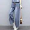 Conjunto Casual de Duas Peças em Jeans para Mulheres Verão 2025 Calça Wide-Leg Jaqueta de Manga Curta Versátil Modelagem Plus-Size Emagrecedora