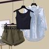 Traje de verano Simon Reiner para mujer Nuevo para usar Chaleco retro americano Camisa protector solar estilo occidental Shorts de mezclilla Tres