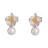 Brincos de Pérola Florais Exquisitos Estilo Francês Luxo Leve Micro Embellished, Design de Nicho de Alta Qualidade Brincos Únicos Atacado
