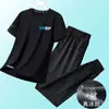 Traje Casual com Toque Gelado para Homens, Verão Respirável Secagem Rápida Elástico Manga Curta Calça Longa, Conjunto de Roupa Esportiva Masculina Gola Redonda, Roupa Masculina da Moda