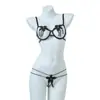 Lencería Sexy Sexy Conjunto de Dos Piezas Sujetador Push-Up con Aros de Tres Puntos Calzones de Entrepierna Abierta Floral Soluble en Agua 487