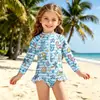 Maiô Azul Floral de Manga Longa para Meninas|Maiô de Bebê Peça Única com Zíper Frontal Proteção Solar