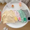 Camiseta Básica de Color Caramelo para Niños 2024 Otoño Nueva Versión Coreana Camiseta de Manga Larga a Rayas con Parche Base para Bebé