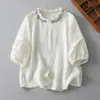 Blusa de verão de alta qualidade, corte solto, com babados e renda bordada, de manga curta, em algodão e linho, para mulheres