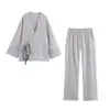 Traje Casual Transfronterizo Nuevo Europeo y Americano para Mujer con Decoración de Lazo Lateral Ropa Exterior Estilo Kimono + Pantalones Estilo Pijama