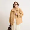 Casaco de pele sintética ecológico com gola grande de pelo, em estilo descontraído, modelagem solta, comprimento curto, integrado de pelo e couro, para mulheres, top de outono e inverno