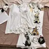 Pijama Hongda Sheng de Seda Hielo Acanalado con Copas para Mujer Manga Corta Pantalón Largo Nuevo Gato de Dibujos Animados Estilo Perezoso Hogar