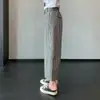 Pantalones de Algodón con Textura de Burbujas a Cuadros Estilo Japonés de Cintura Alta Adelgazantes de Pierna Ancha para Mujer, Verano Sueltos Casual Rectos de Nueve Puntos P0620G