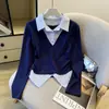 Fotos reales: Nueva colección otoño/primavera, top de manga larga estilo commuter con diseño de dos piezas simulado y cuello contrastante, estilo coreano