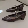 Zapatos de mujer de tacón grueso con punta fina y estilo francés en color marrón, nuevos de primavera y otoño 2026, zapatos Mary Jane bajos vintage con correa metálica