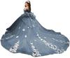 Vestido de Noiva de Renda Off-shoulder com Cauda Vestido de Festa de Aniversário Cerimônia Adulto Vestido de Princesa Vestido Floral Tridimensional