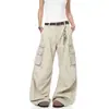 Calça de trabalho retrô transfronteiriça de silhueta solta com senso de design desconstruído na cor damasco para homens e mulheres, calça longa casual solta reta de perna larga