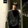 Moletom blocos de cor listrado preto falso duas peças para homens, camiseta de algodão puro emendada com fio duplo, blusa de manga comprida estilo jovem