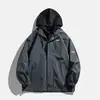 Jaqueta corta-vento falsa de duas peças com zíper duplo, jaqueta com capuz estilo workwear americano, peça de outer wear da moda com corte solto para outono/inverno, masculina e feminina