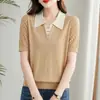 Salida de Liquidación Mostrador Retira Suéter de Hilo de Seda de Hielo Holgado con Cuello de Marca para Mujer, Elegante Camiseta de Manga Corta de Verano