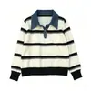 Suéter de tricô listrado color-block com gola jeans estilo coreano, novo outono/inverno, corte solto, estilo preppy, blusa suéter casual com gola polo
