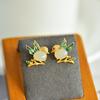 Pendientes de Urraca Distintivos Chapados en Oro Plata 925 Pendientes Ovalados con Forma de Huevo de Jade Blanco Hetian de Xinjiang
