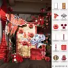 Decoração de quarto de casamento estilo chinês com arranjos florais em placa de KT, roupão de noiva para a sala de estar da nova casa ou hotel, adereços para fotos e personagens decorativos para felicidade