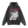Moletom com capuz preto carvão lavado retrô americano com estampa de anime, moletom oversized folgado de peso pesado para moda de rua