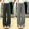 Pantalones de chándal grises para mujer Verano 2026 Nuevos pantalones rectos de pierna ancha con cintura alta, holgados y adelgazantes para figuras petite, pantalones de chándal casuales de pierna ancha