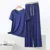 Conjunto de Roupa para Casa Feminino Plus Size Modal Leve Manga Curta Gola Redonda Calça de Perna Larga Primavera e Verão