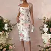 Vestido Elegante Romántico de Malla con Estampado Floral Plisado de Longitud Media para Boda/Fiesta/Citas