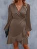 Vestido de Satén con Cuello en V de Verano Cintura de Satén Falda Midi Escotada Exportación Amazon Transfronterizo Estilo Europeo y Americano Ropa de Mujer