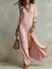 Vestido de Vacaciones Bohemio de Un Hombro y Manga Larga con Pliegues Texturizados y Abertura Alta, Fluido y Elegante