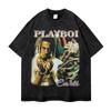 Camiseta de manga corta de gran tamaño con estampado de personajes de cantante de marca de moda europea y americana para hombre y mujer, camiseta de media manga lavada de calle antigua de primavera y verano