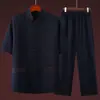 Traje Tang de Verão para Homens, Meia-idade e Idosos, Conjunto Casual de Manga Curta, Roupa Tai Chi Estilo Chinês de Seda Gelada, Roupas Largas para Vovô