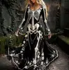 Vestido Largo Vintage de Halloween Estilo Gótico Independiente con Estampado de Esqueleto y Adorno de Encaje Rebaja