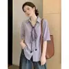 Camisa de Manga Curta com Lenço de Seda Colorido Destacável 2026 Verão Workwear Relaxado Elegante Fluido Camisa Roxa A12193