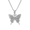 Cadena de suéter con colgante de mariposa de diamantes completos, larga y versátil, elegante cadena de caja de acero inoxidable, collar accesorio para ropa de otoño e invierno