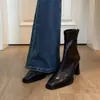 Botines cuadrados de tacón grueso estilo coreano 2026, botas elásticas ajustadas retro elegantes y modernas para mujer con cremallera trasera y tacón alto